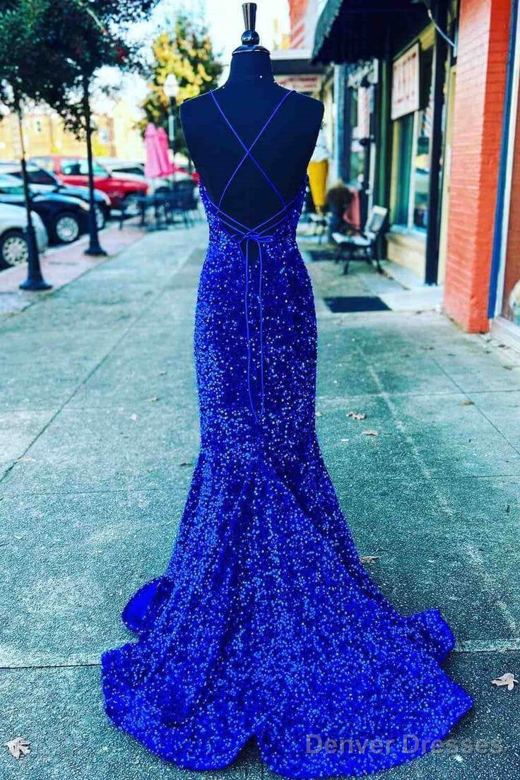 V Neck Royal Blue Evening Dresses Uk Seqins Long Prom Dress Mermaid With Split