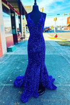 V Neck Royal Blue Evening Dresses Uk Seqins Long Prom Dress Mermaid With Split