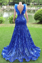 V-Neck Royal Blue Feathers Sparkle Sequin Sleeveless Prom Dresses