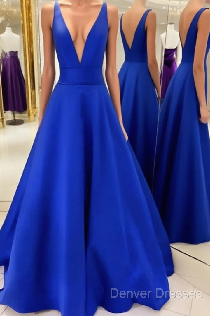 V Neck Royal Blue Satin Prom Dress, Royal Blue Satin Formal Evening Bridesmaid Dress