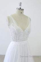 V-neck Ruffle Applqiues Tulle A-line Wedding Dress