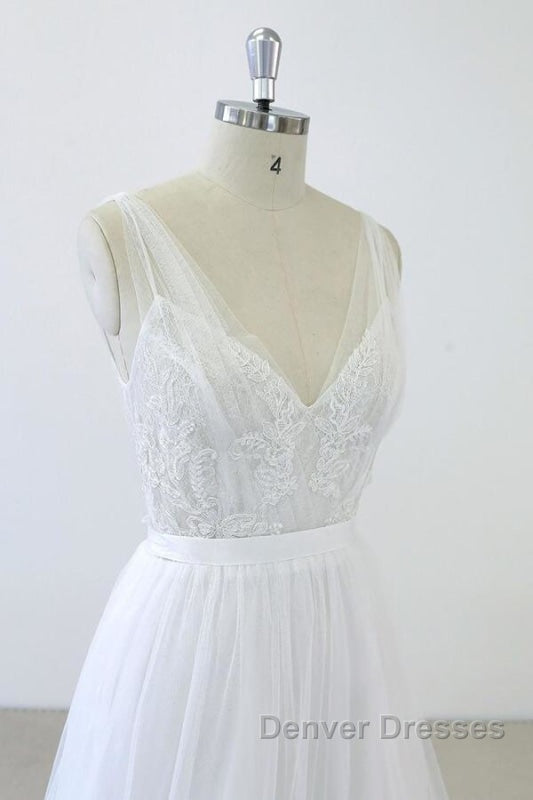 V-neck Ruffle Applqiues Tulle A-line Wedding Dress