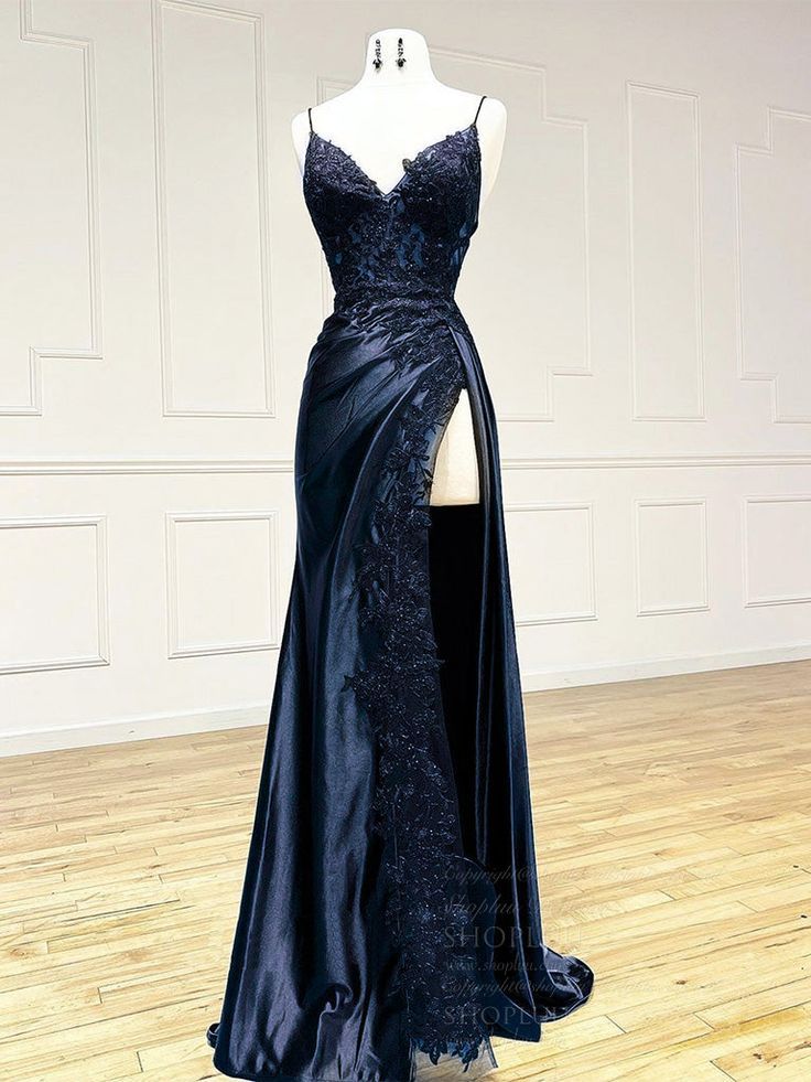 V Neck Satin Lace Long Prom Dress, Lace Long Evening Dress