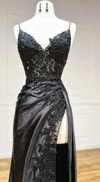 V Neck Satin Lace Long Prom Dress, Lace Long Evening Dress