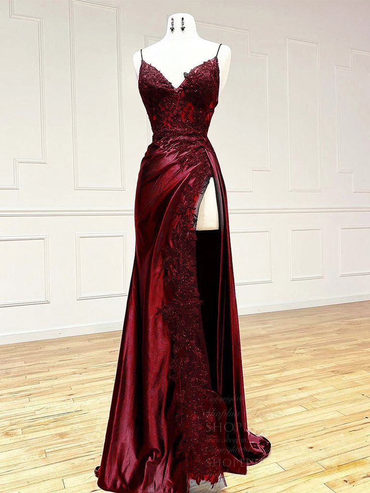 V Neck Satin Lace Long Prom Dress, Lace Long Evening Dress