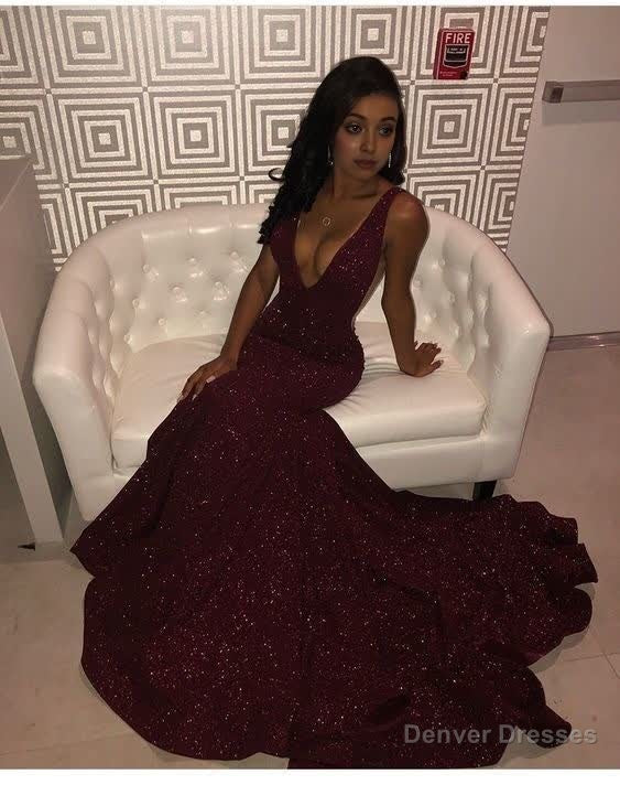 V neck Sequin Burgundy Mermaid Prom Dress Main image