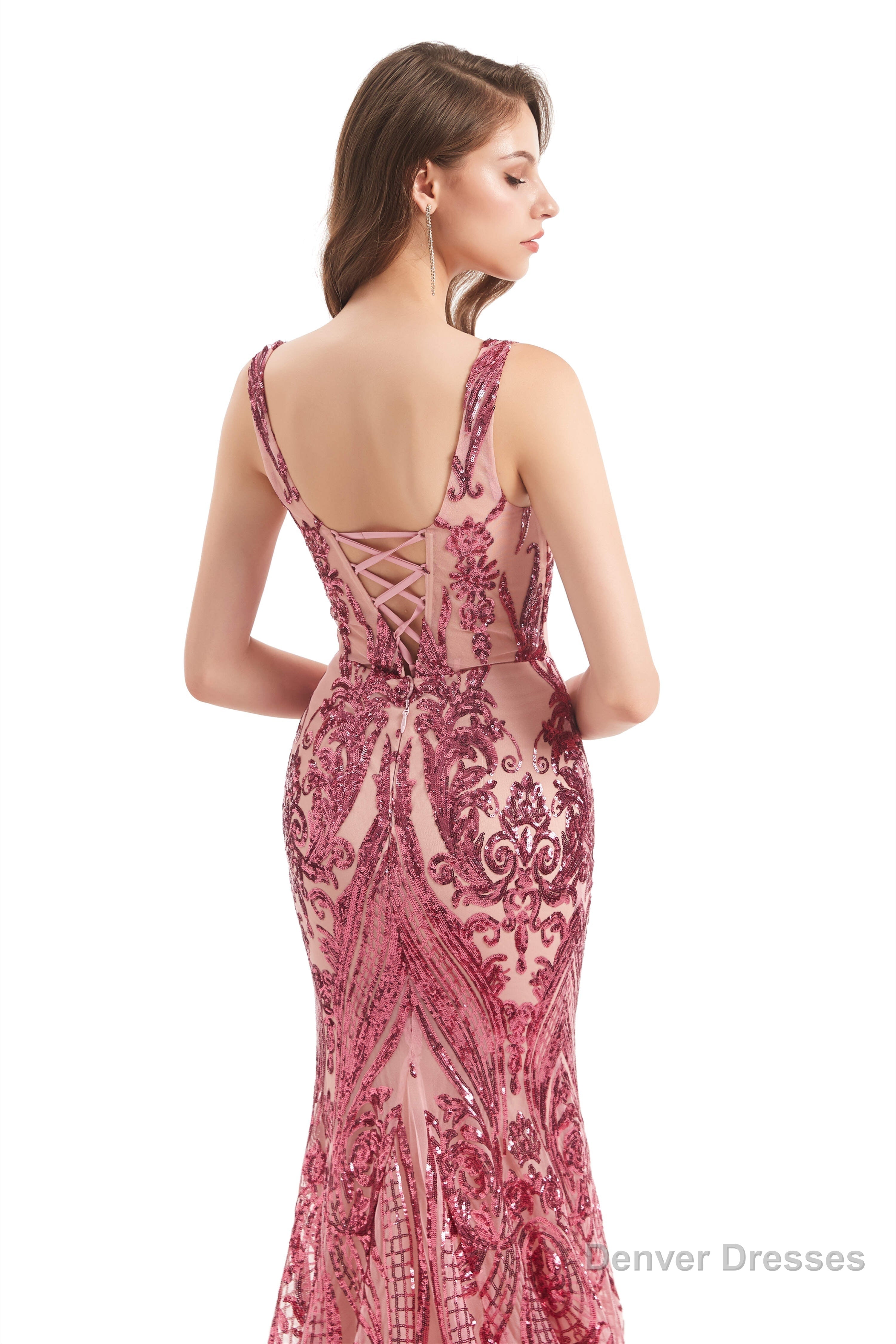 V-Neck Sequins Sleeveless Lace-up Mermaid Prom Dresses