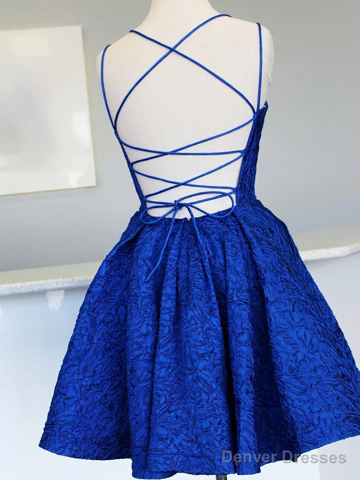 V Neck Short Backless Blue Lace Prom Dresses, Open Back Short Blue Lace Formal Homecoming Dresses Secondary image