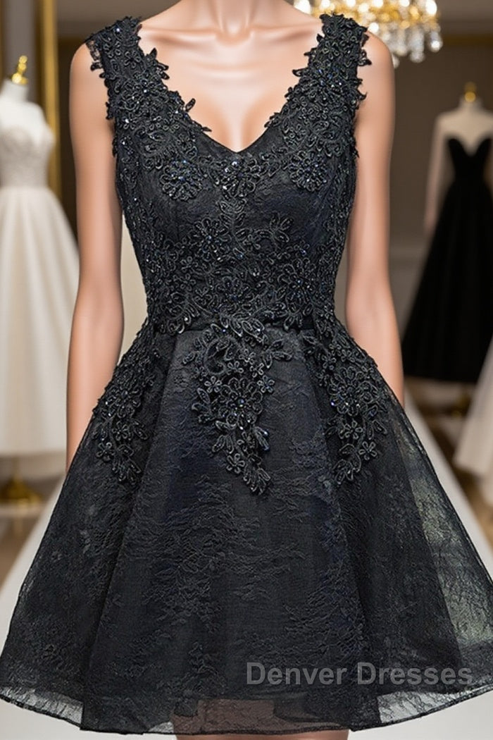 V Neck Short Black Lace Prom Dress, Black Lace Homecoming Dress, Short Black Formal Evening Dress