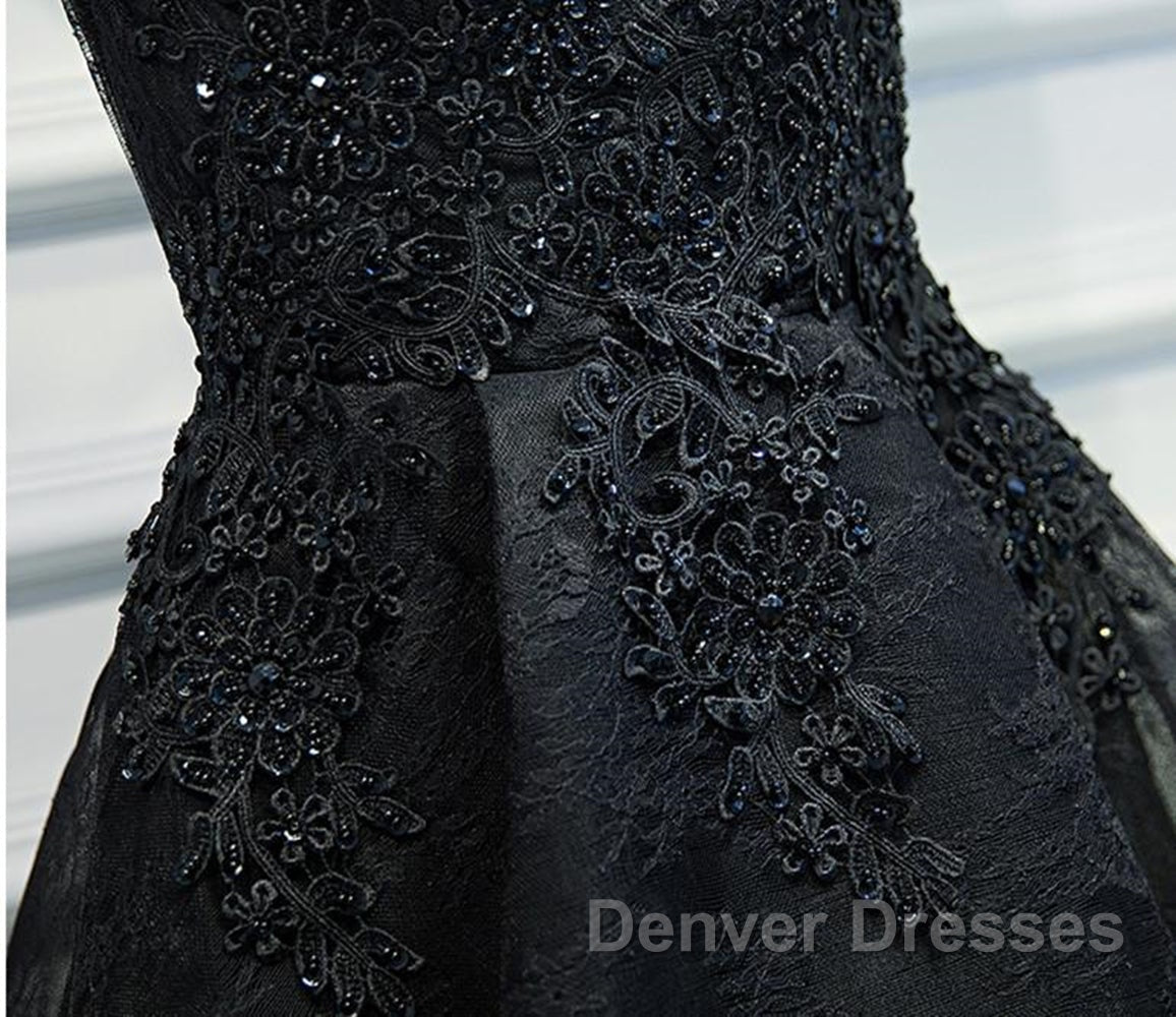 V Neck Short Black Lace Prom Dress, Black Lace Homecoming Dress, Short Black Formal Evening Dress