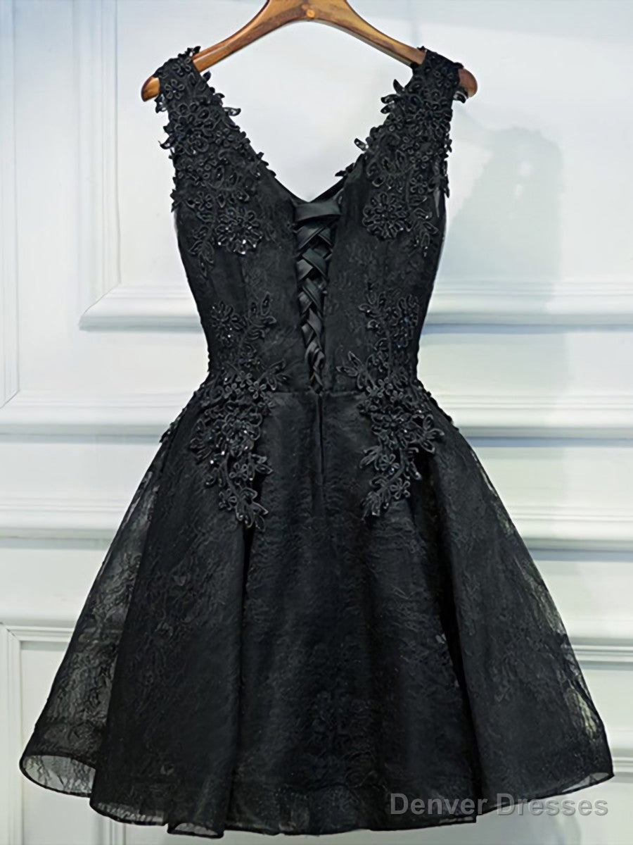 V Neck Short Black Lace Prom Dresses, Short Black Lace Graduation Homecoming Dresses Secondary image