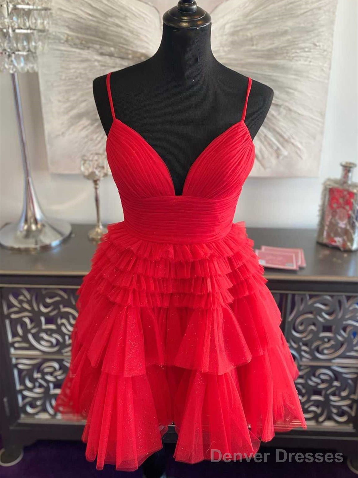 V Neck Short Black Red Prom Dresses, Short Red Black Formal Homecoming Dresses Secondary image