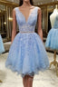 V Neck Short Blue Lace Prom Dress, Short Blue Lace Formal Homecoming Dress