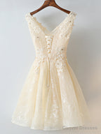 V Neck Short Champagne Lace Prom Dresses, Short Champagne Lace Formal Homecoming Dresses