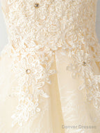 V Neck Short Champagne Lace Prom Dresses, Short Champagne Lace Formal Homecoming Dresses