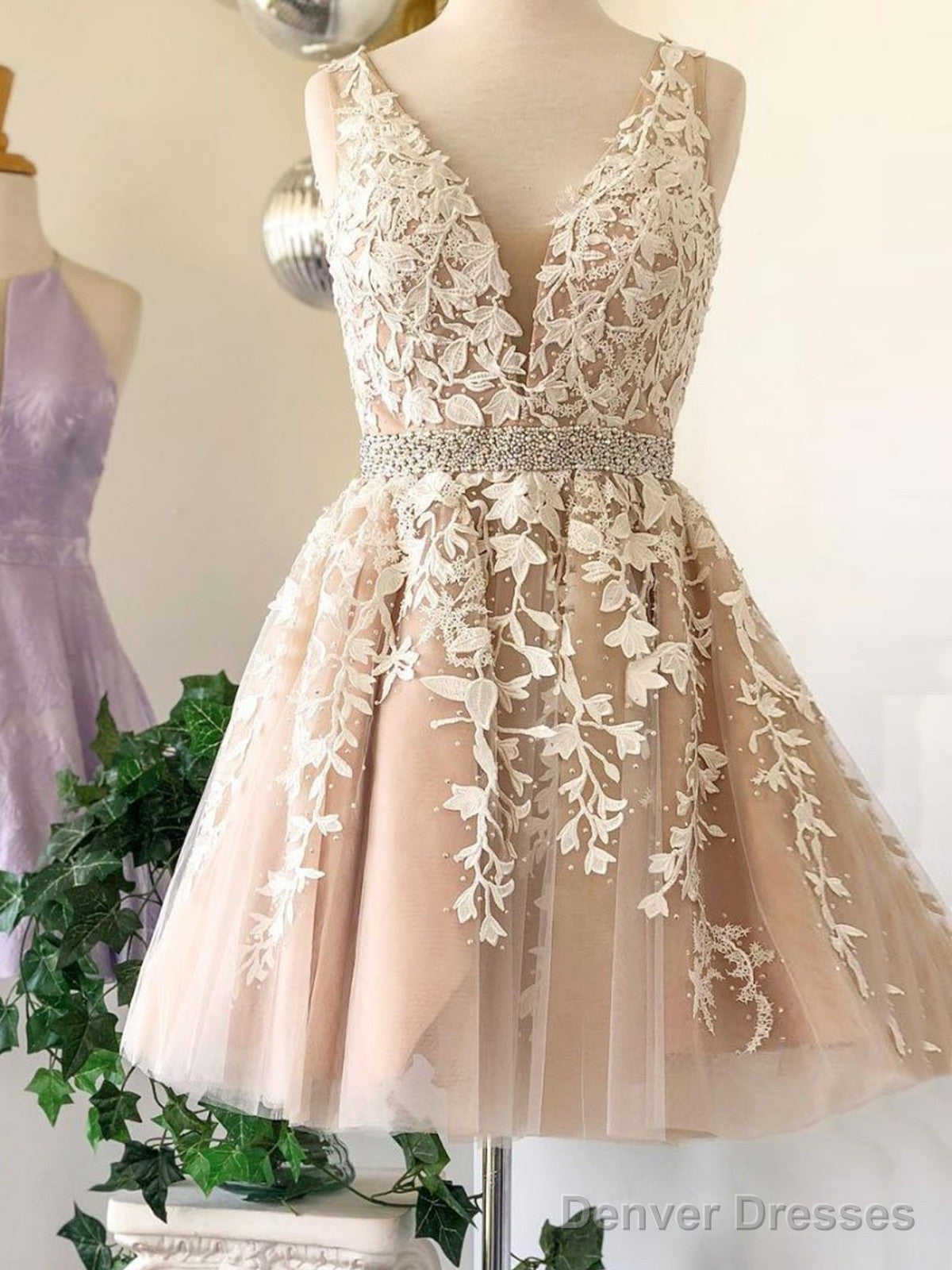V Neck Short Champagne Lace Prom Dresses, Short V Neck Champagne Lace Graduation Homecoming Formal Dressses, Champagne Lace Wedding Dresses Main image