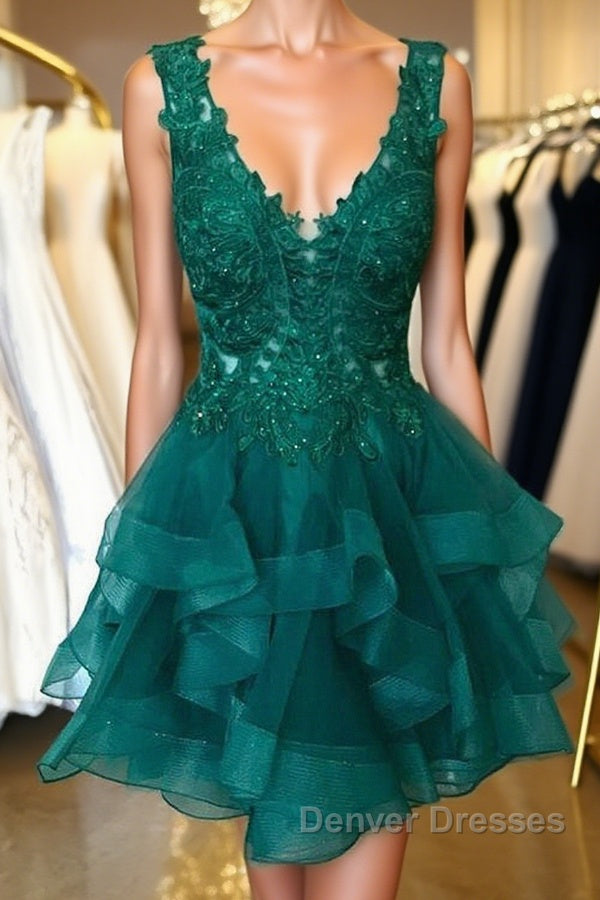V Neck Short Green Lace Prom Dress, Short Green Lace Graduation Homecoming Dress