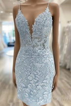 V Neck Short Light Blue Lace Prom Dress, V Neck Blue Lace Short Graduation Homecoming Dress