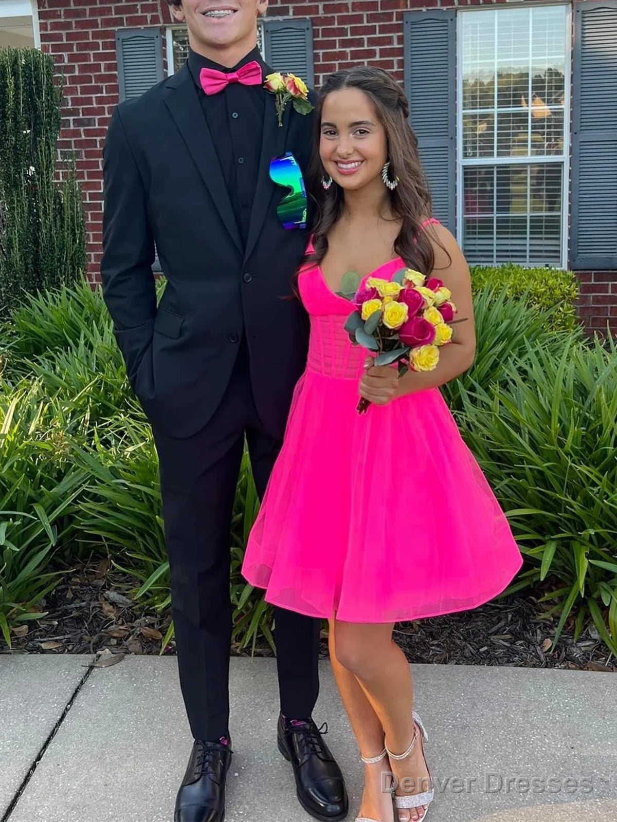 V Neck Short Pink Black Prom Dresses, Short V Neck Formal Homecoming Dresses Secondary image