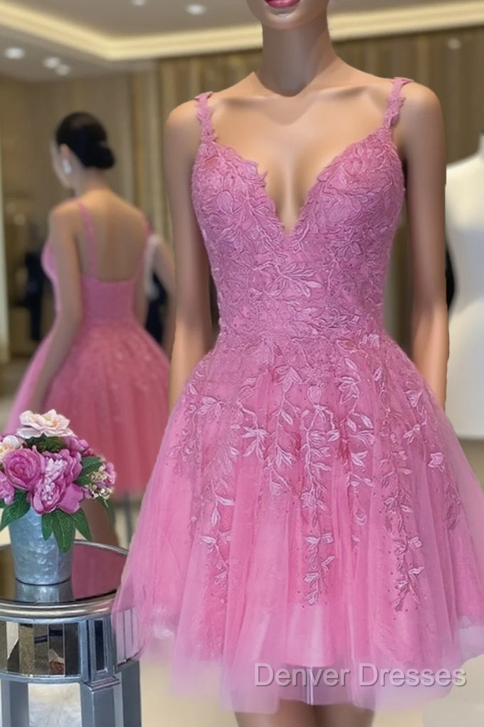 V Neck Short Pink Lace Prom Dress, V Neck Pink Lace Formal Graduation Dress Main image