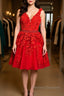 V Neck Short Red Lace Prom Dress with Beadings, Short Red Lace Formal Graduation Homecoming Dress