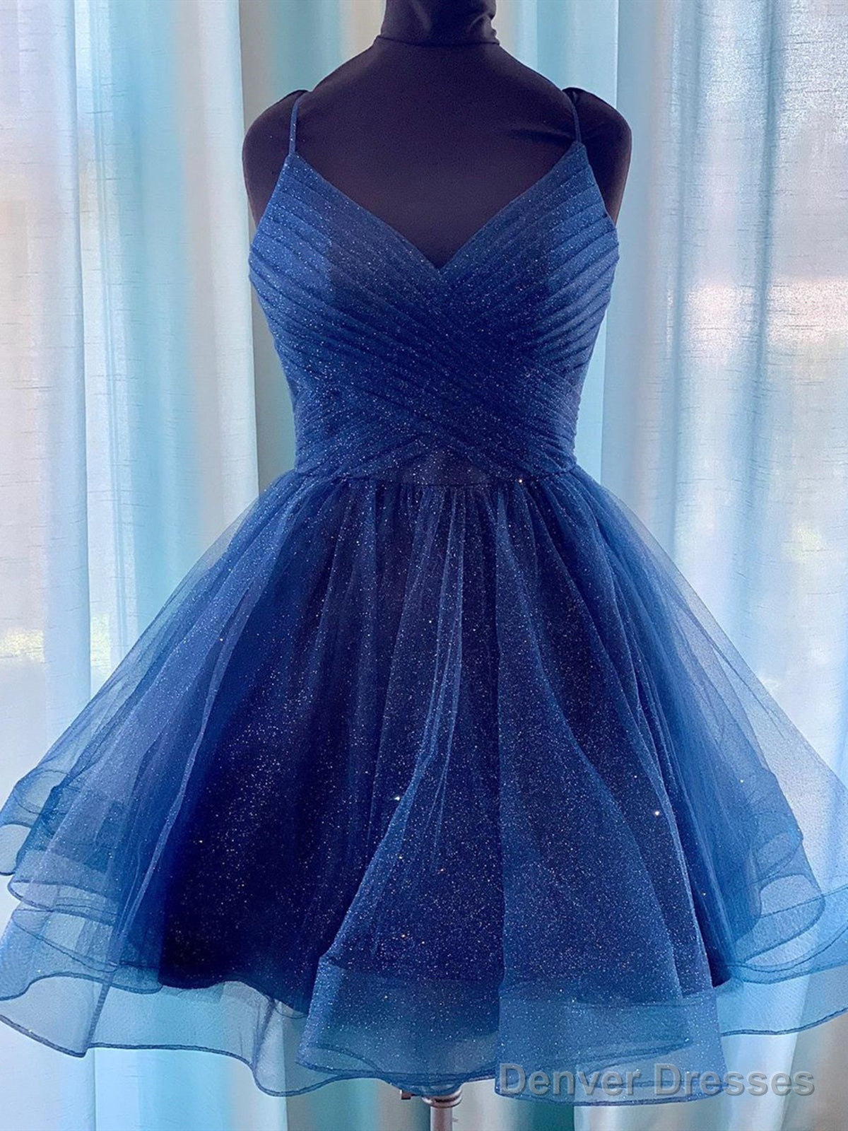 V Neck Short Tulle Prom Dresses, Short Blue White Tulle Formal Homecoming Dresses Secondary image