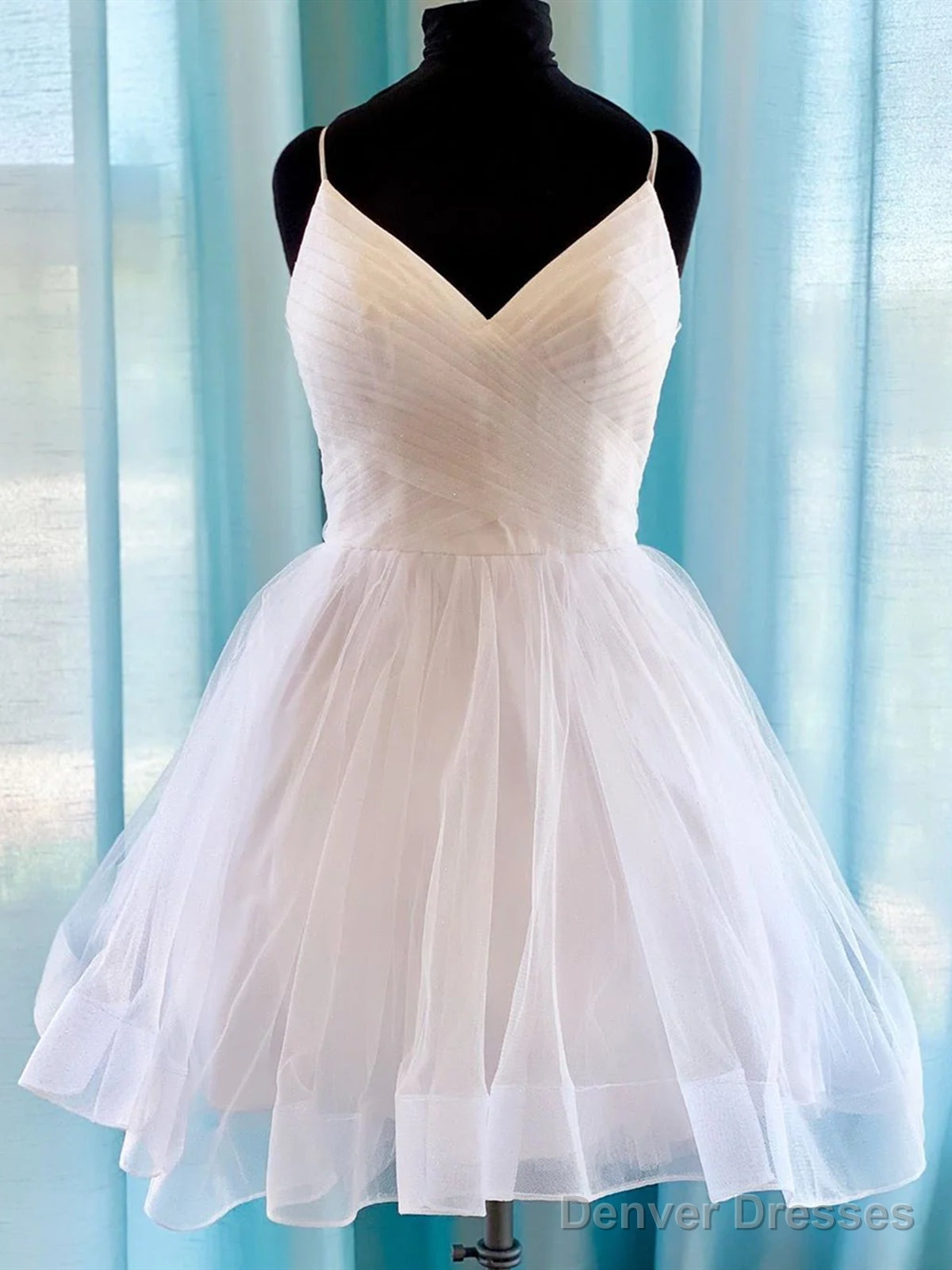 V Neck Short Tulle Prom Dresses, Short Blue White Tulle Formal Homecoming Dresses Main image