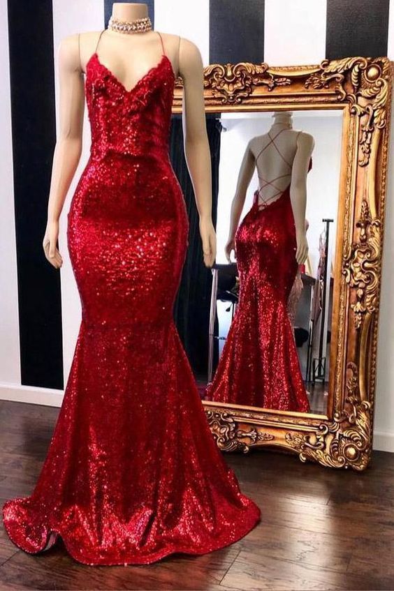 V-Neck Sleeveless Spaghetti Sequins Mermaid Long Prom Dresses Main image