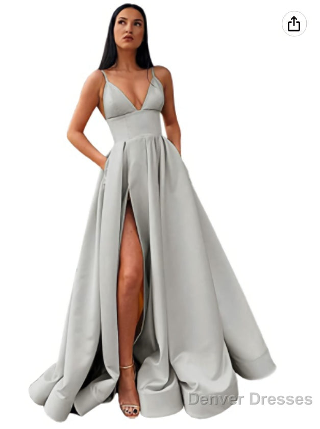 V-Neck Slit Satin Long Prom Dress Spaghetti Strap Evening Ball Gown with Pockets
