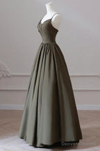 V-neck Spaghetti Strap Floor Length Prom Dress A-Line Backless Evening Party Dress