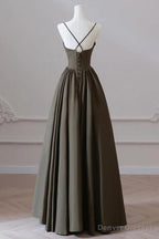 V-neck Spaghetti Strap Floor Length Prom Dress A-Line Backless Evening Party Dress