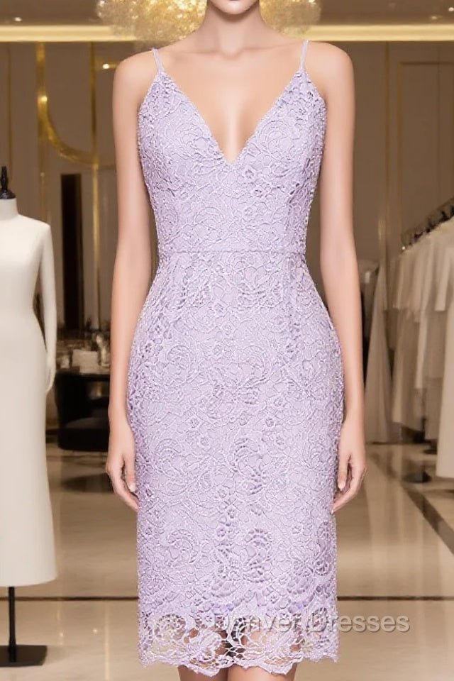 V-Neck Spaghetti Straps Lace Short Bridesmaids Dress