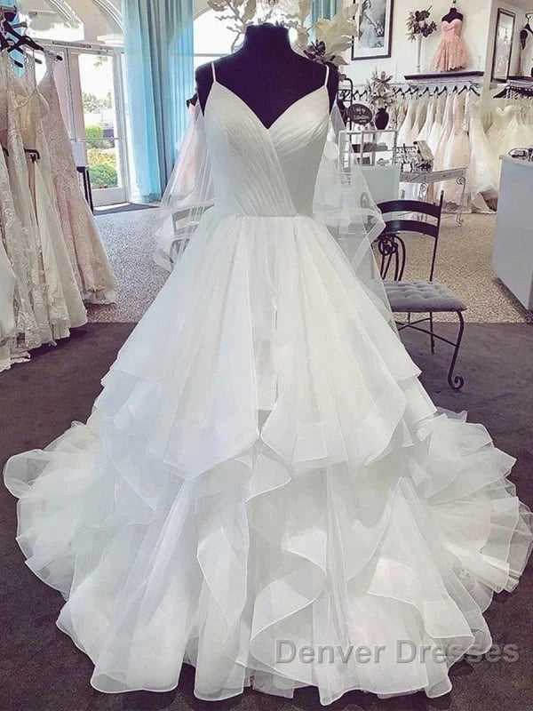 V Neck Spaghetti Straps Long Wedding Dress