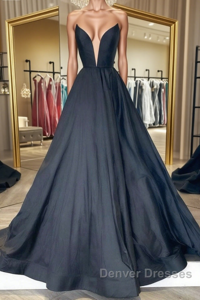 V Neck Strapless Black Satin Long Prom Dress, Strapless Black Formal Dress, Long Black Evening Dress Main image