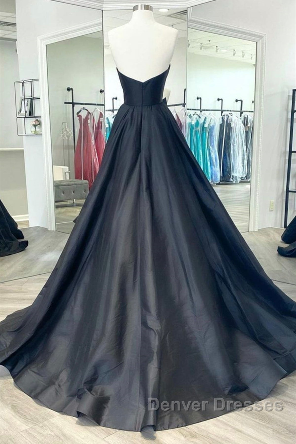 V Neck Strapless Black Satin Long Prom Dress, Strapless Black Formal Dress, Long Black Evening Dress Secondary image