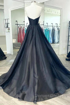 V Neck Strapless Black Satin Long Prom Dress, Strapless Black Formal Dress, Long Black Evening Dress