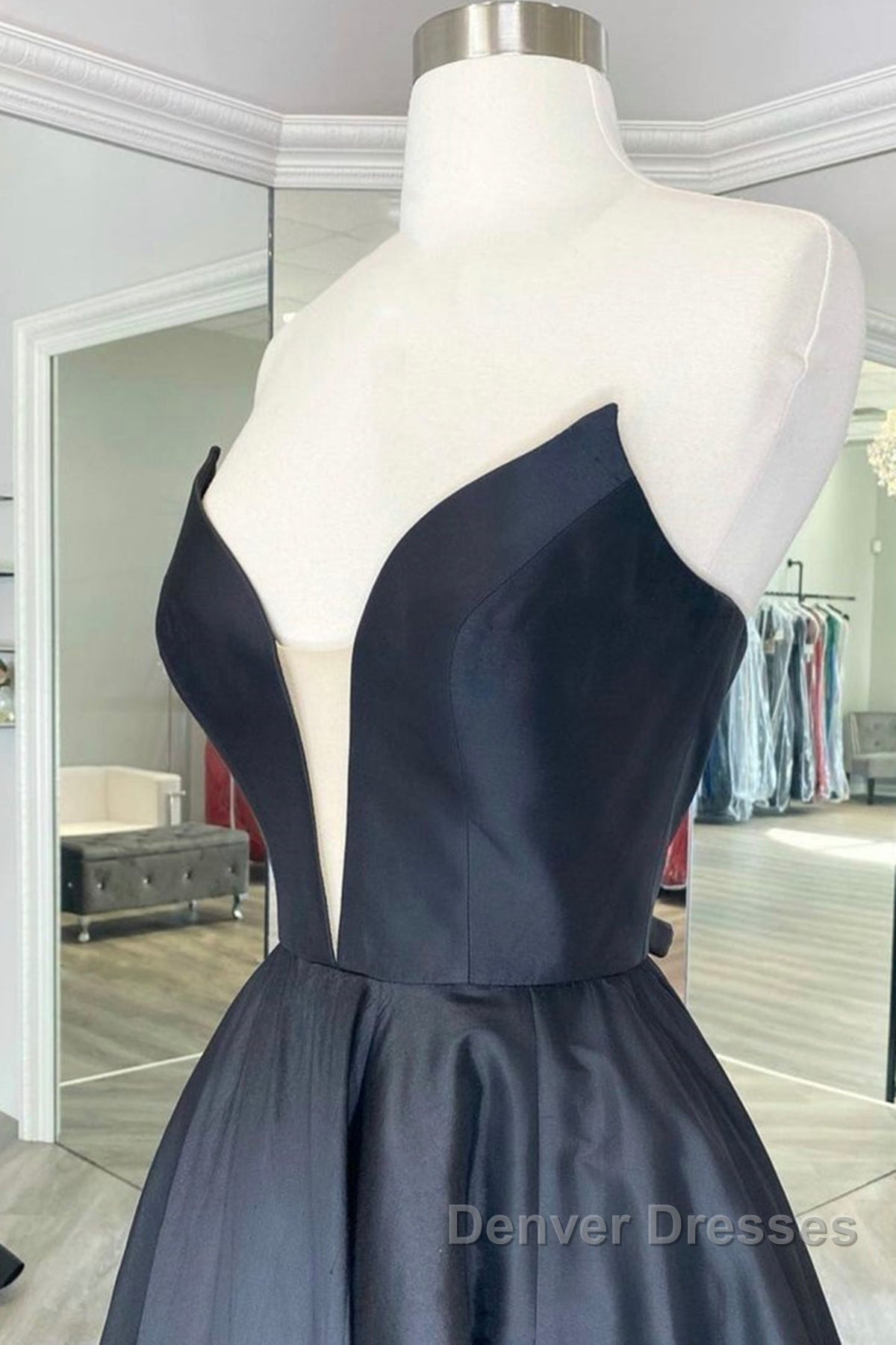 V Neck Strapless Black Satin Long Prom Dress, Strapless Black Formal Dress, Long Black Evening Dress
