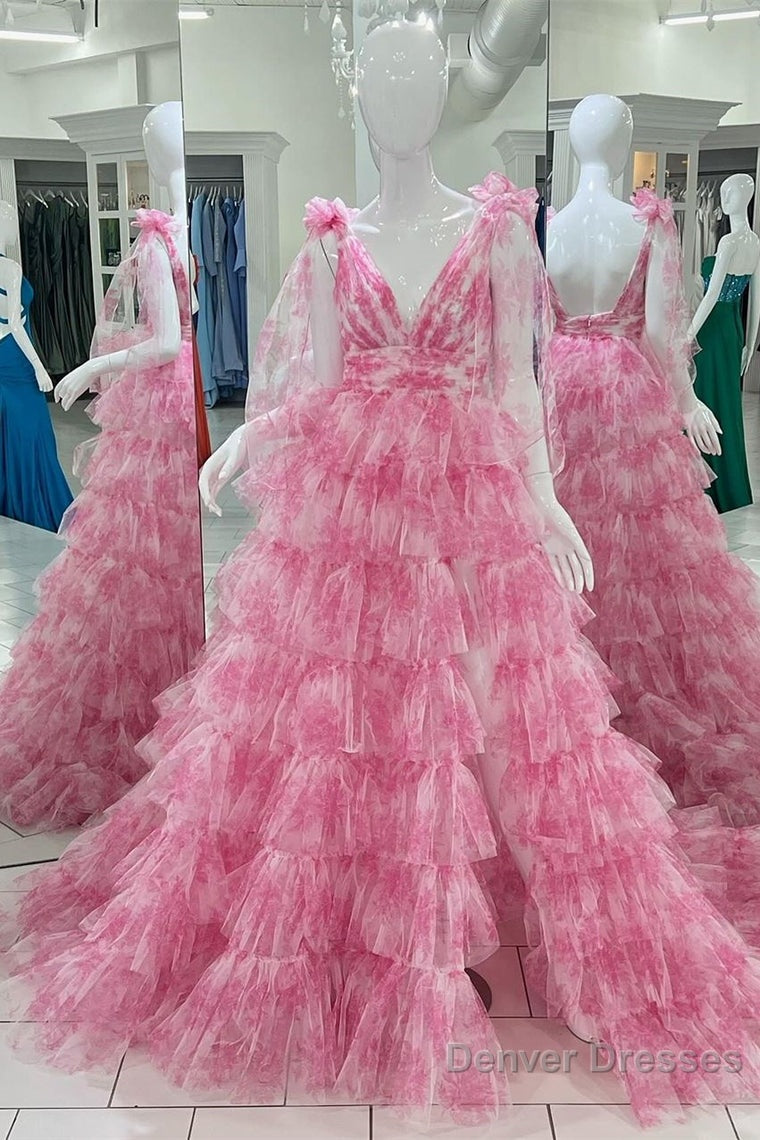 V-Neck Tie Straps Red Floral Print Layered Long Prom Dress