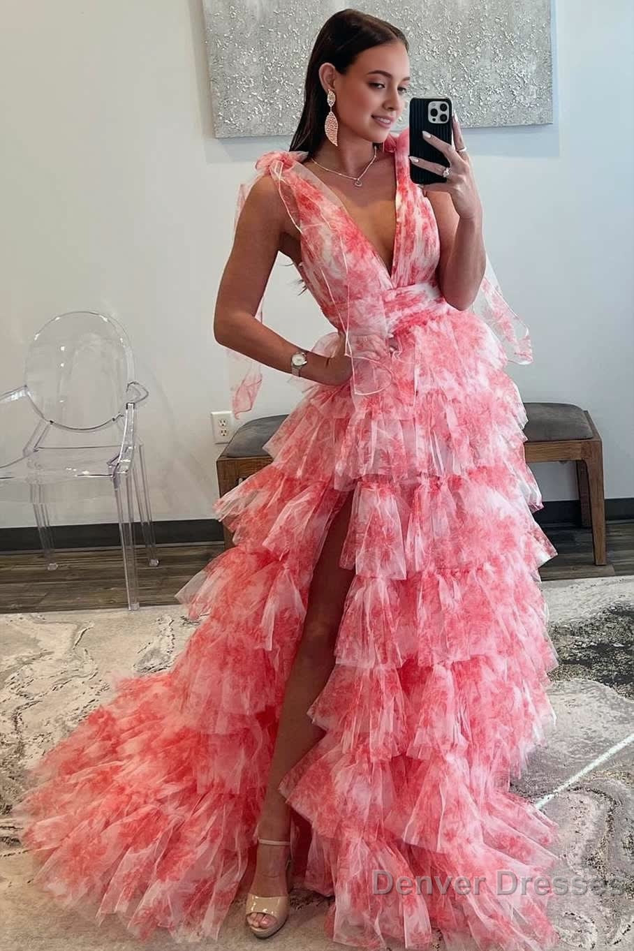 V-Neck Tie Straps Red Floral Print Layered Long Prom Dress Main image