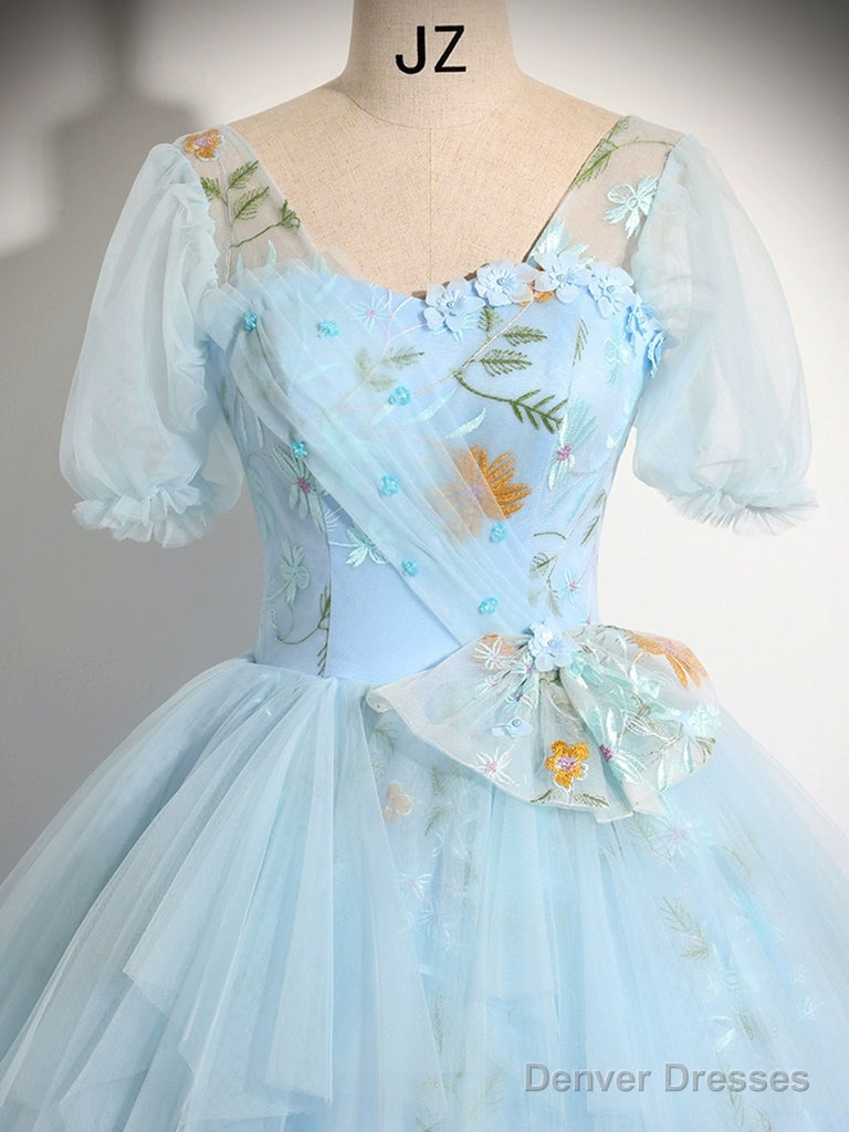 V Neck Tulle Lace Blue Long Prom Dress, A-Line Blue Lace Long Sweet 16 Dress Secondary image