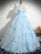 V Neck Tulle Lace Blue Long Prom Dress, A-Line Blue Lace Long Sweet 16 Dress