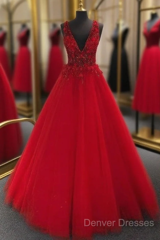 V-Neck Tulle Long Prom Dress With Appliques And Beading,Prom Dress,Pageant Dress Main image