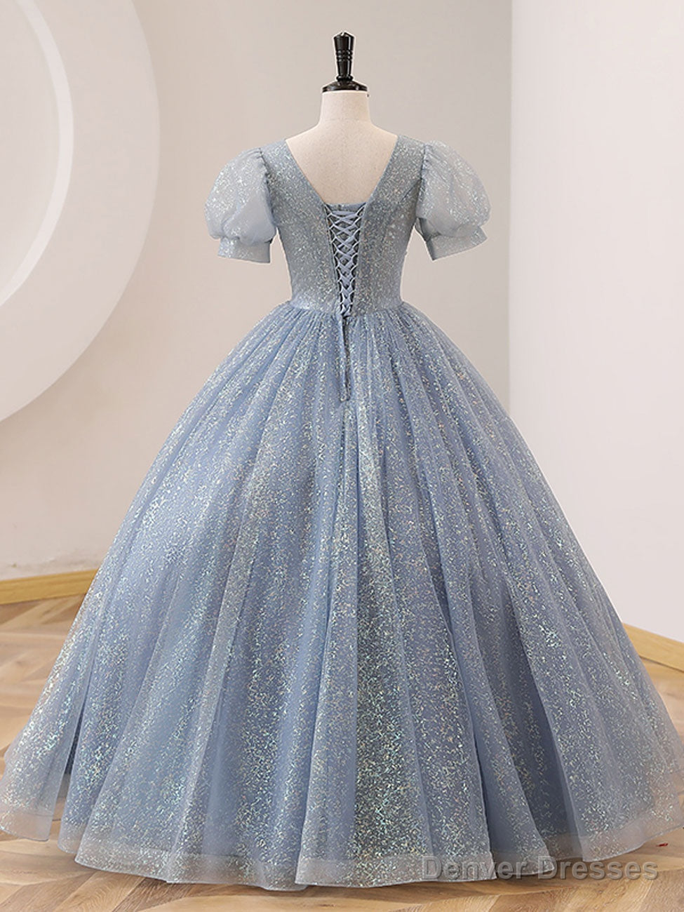 V Neck Tulle Sequin Gray Blue Long Prom Dress, Gray Blue Formal Sweet 16 Dress Main image
