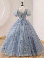 V Neck Tulle Sequin Gray Blue Long Prom Dress, Gray Blue Formal Sweet 16 Dress