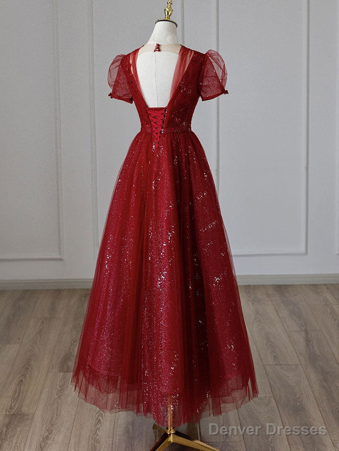 V Neck Tulle Sequin Tea Length Burgundy Prom Dress, Burgundy Evening Dress Secondary image