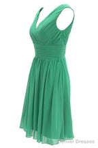 V Neck Watermelon Chiffon Short Bridesmaid Dress