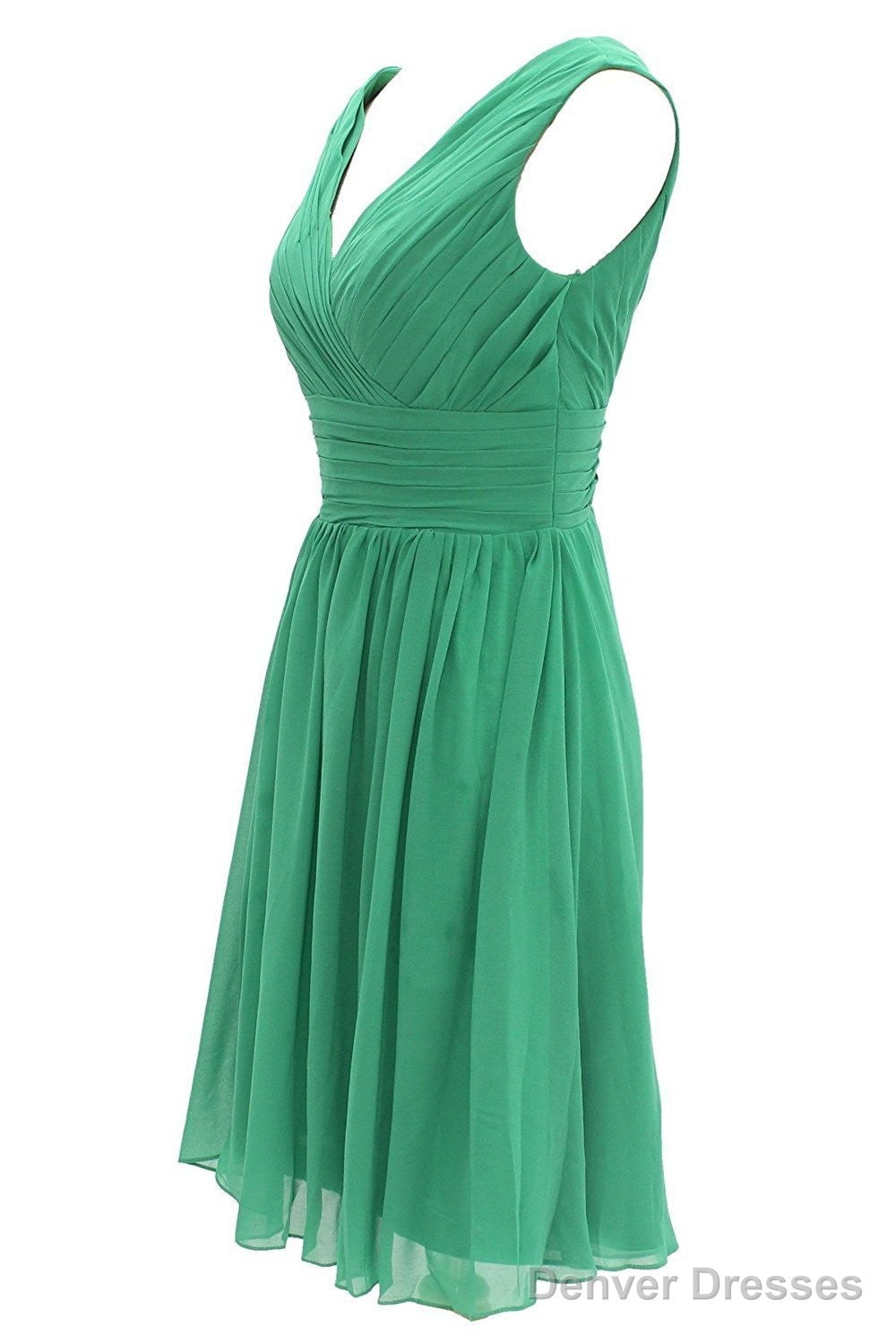 V Neck Watermelon Chiffon Short Bridesmaid Dress