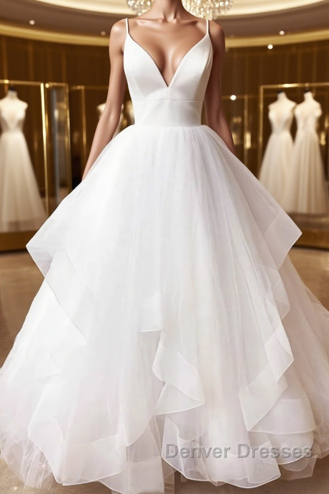 V Neck White Tulle Wedding Dress, V Neck White Formal Prom Evening Dress Main image
