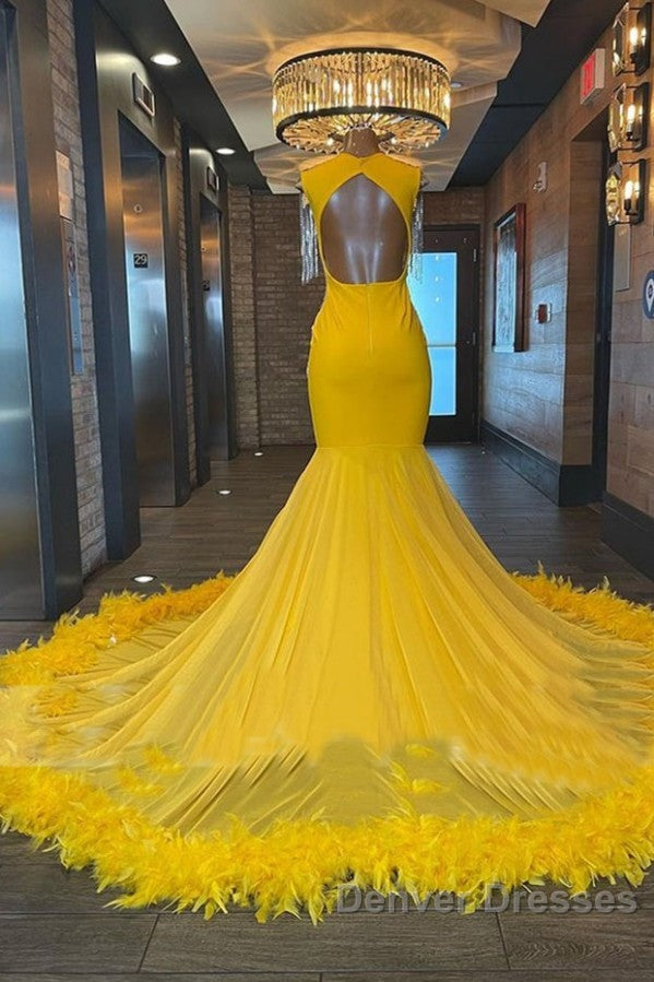 V Neck Yellow Feather Trumpet Mermaid Prom Dress Secondary image