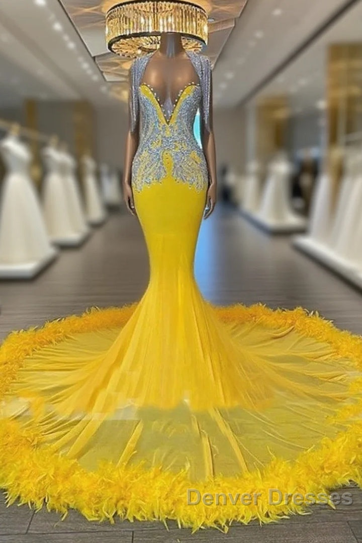 V Neck Yellow Feather Trumpet Mermaid Prom Dress Main image